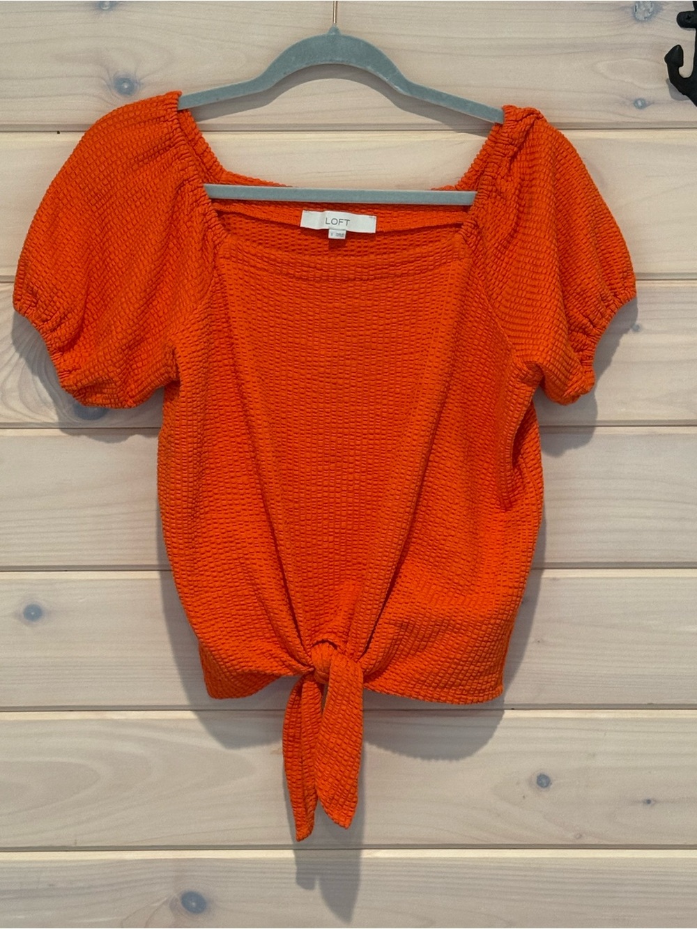 LOFT Orange Tie-Front Puff Sleeve Top with Square Neck